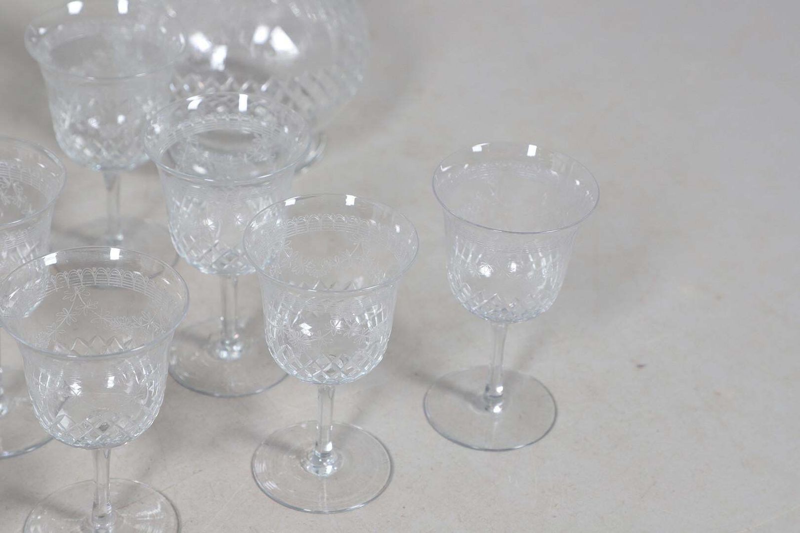 1687.0 Crystal Decanters Stemware, Antique Cut Glass Table Suite Etched Faceted Design photo