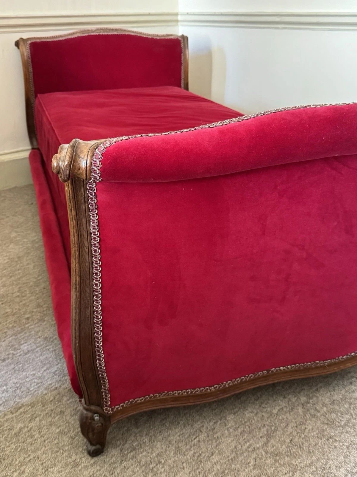 Antique French Carved Wood Day Bed, Upholstered In Red Velvet photo furniture
