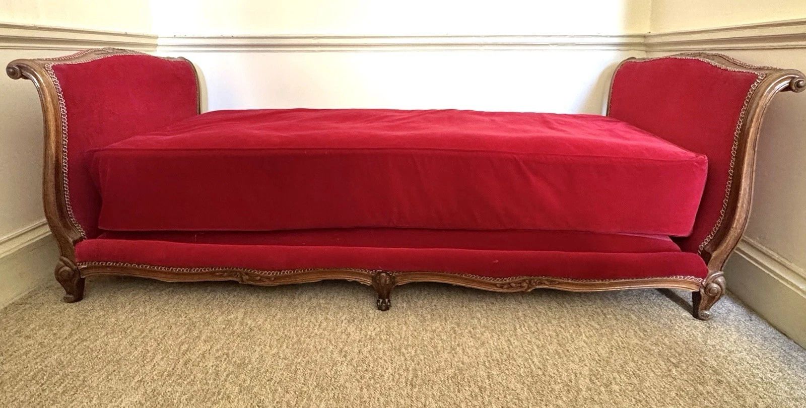 Antique French Carved Wood Day Bed, Upholstered In Red Velvet photo 500.0