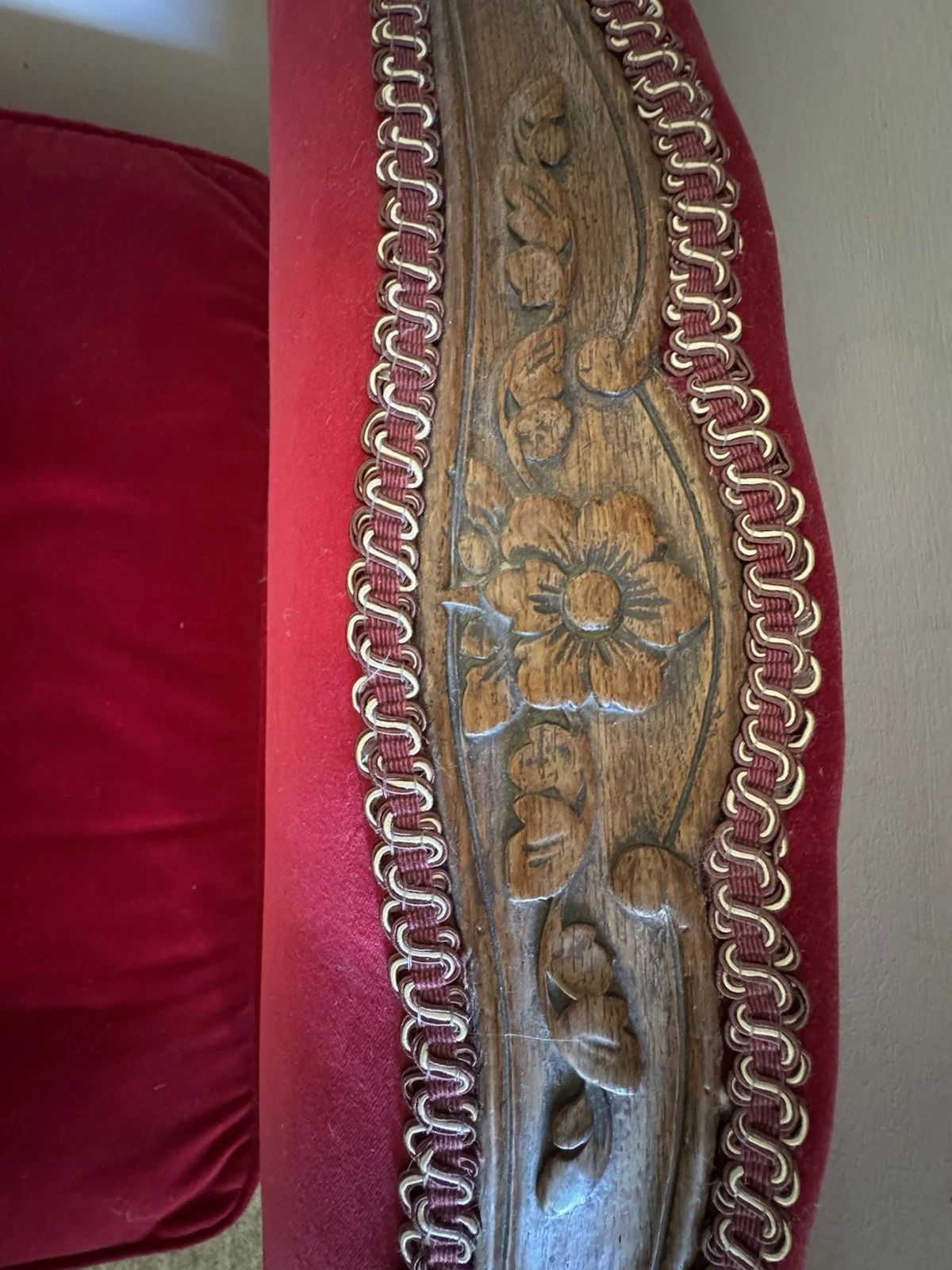 Antique French Carved Wood Day Bed, Upholstered In Red Velvet photo vinterior