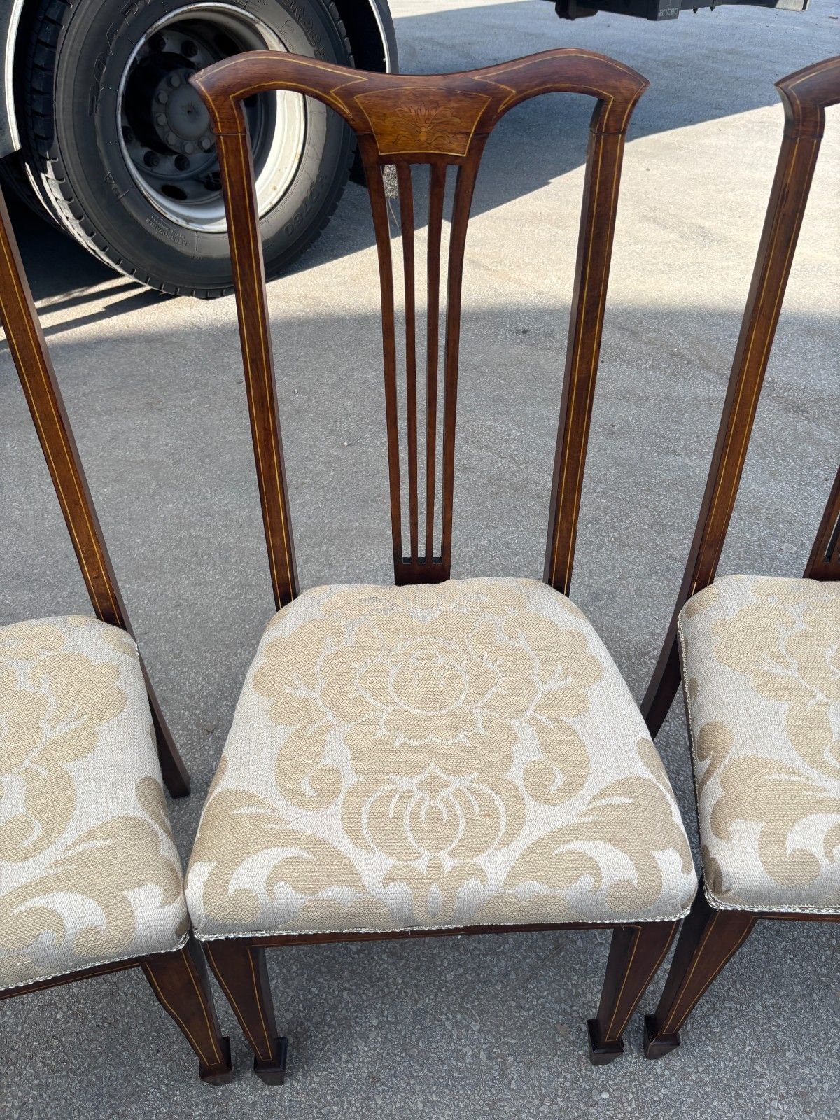 Four Antique Edwardian Mahogany Dining Chairs With Inlay & Upholstered Cushion photo for sale