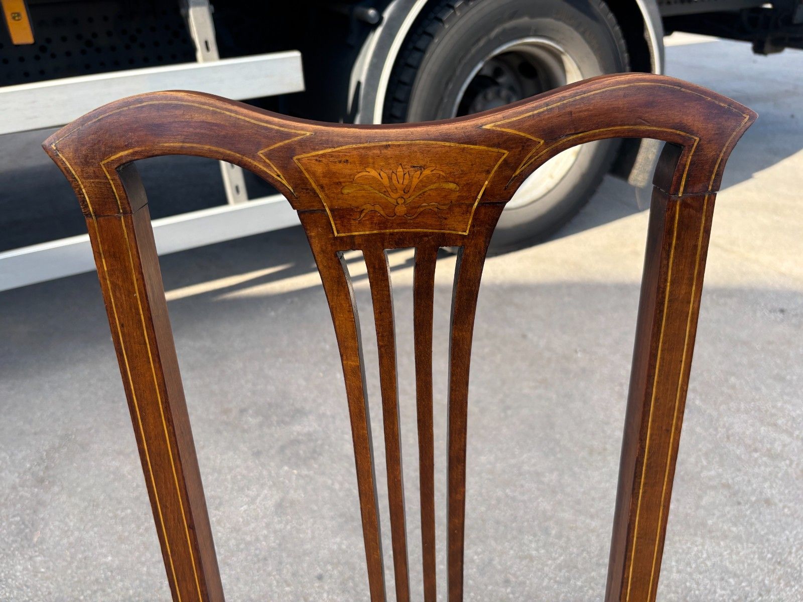 photo for sale Four Antique Edwardian Mahogany Dining Chairs With Inlay & Upholstered Cushion