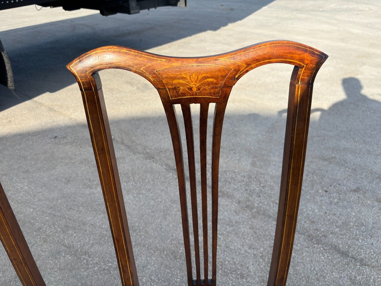 photo vinterior Four Antique Edwardian Mahogany Dining Chairs With Inlay & Upholstered Cushion