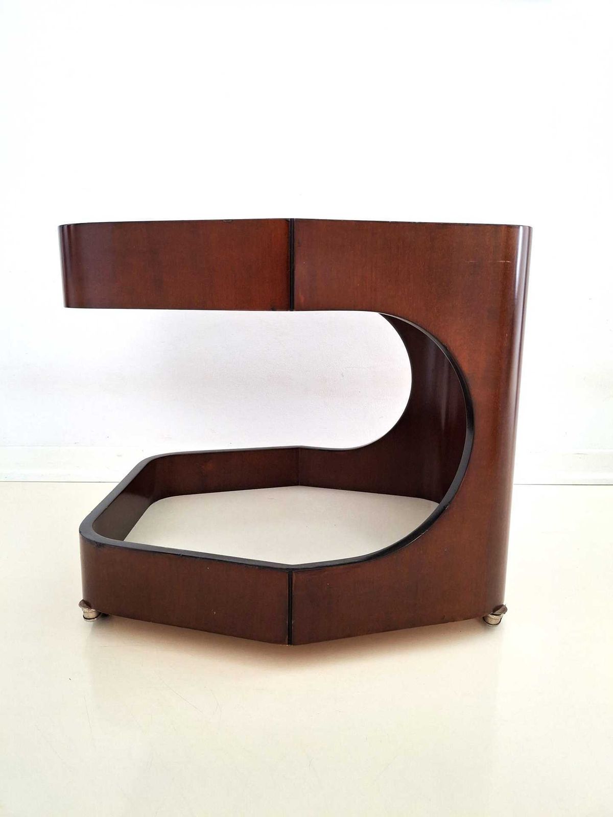 Vintage Italian Coffee Table On Casters – 1970s Design – Smoked Glass & Curved Plywood photo for sale