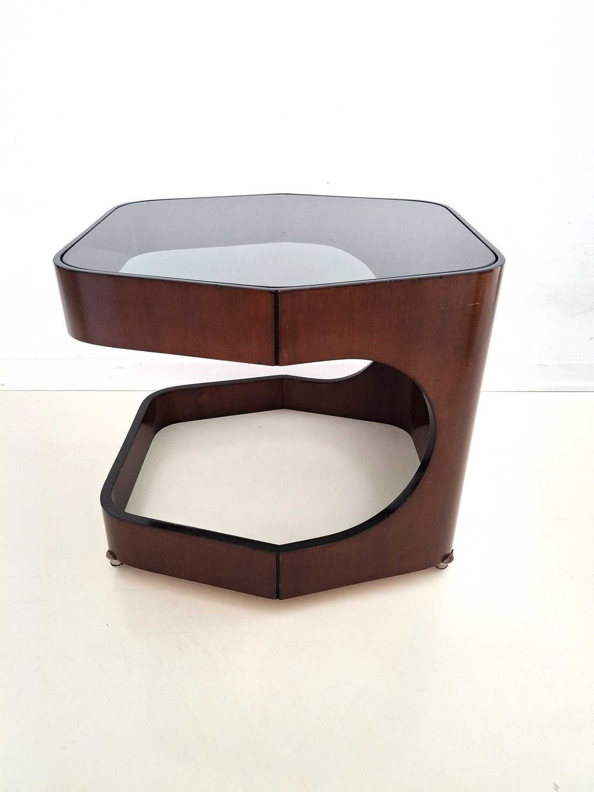 Vintage Italian Coffee Table On Casters – 1970s Design – Smoked Glass & Curved Plywood photo Furniture