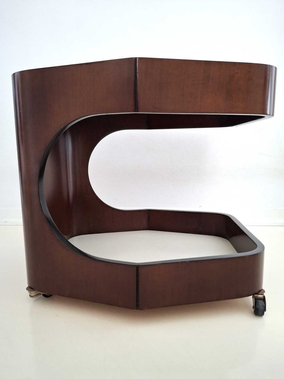 Vintage Italian Coffee Table On Casters – 1970s Design – Smoked Glass & Curved Plywood photo vintage