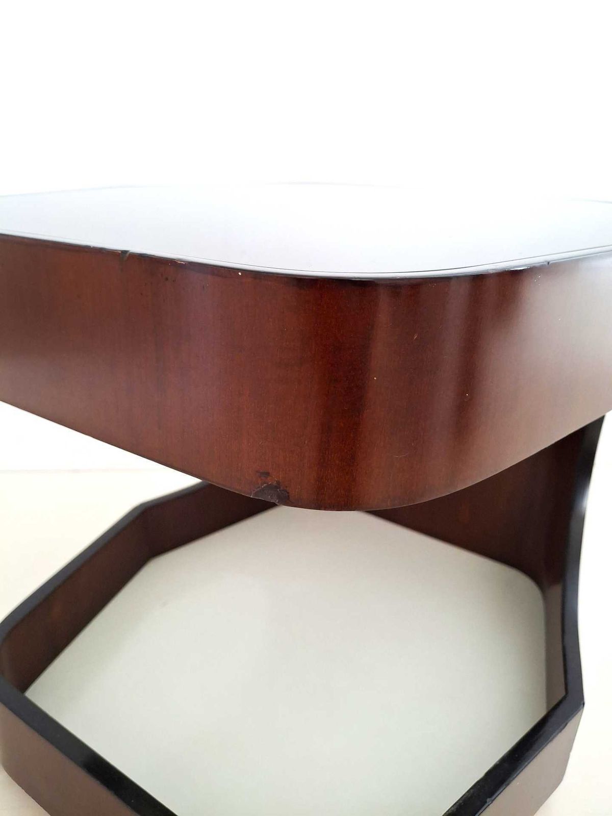 photo vinterior Vintage Italian Coffee Table On Casters – 1970s Design – Smoked Glass & Curved Plywood