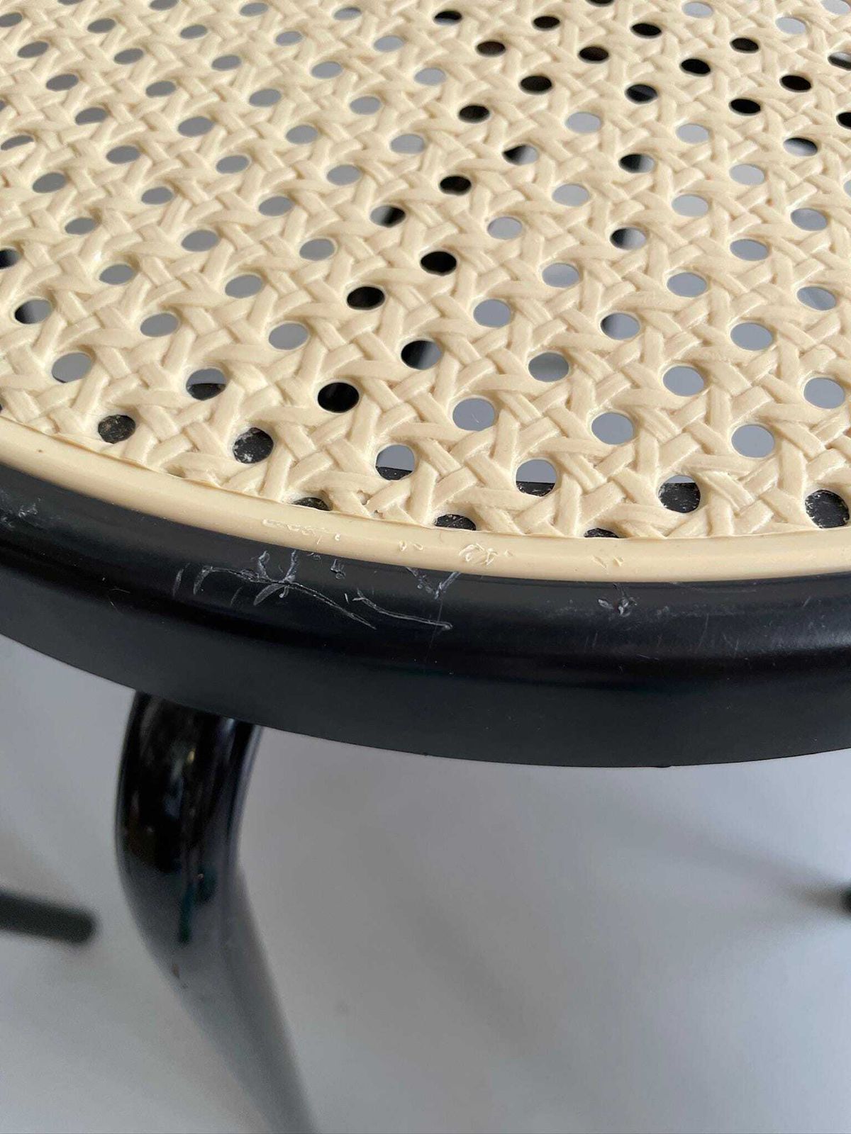 photo for sale Set Of 3 1980s Black Metal Thonet Designed Dining Cafe Bistro Chairs Plastic Cane