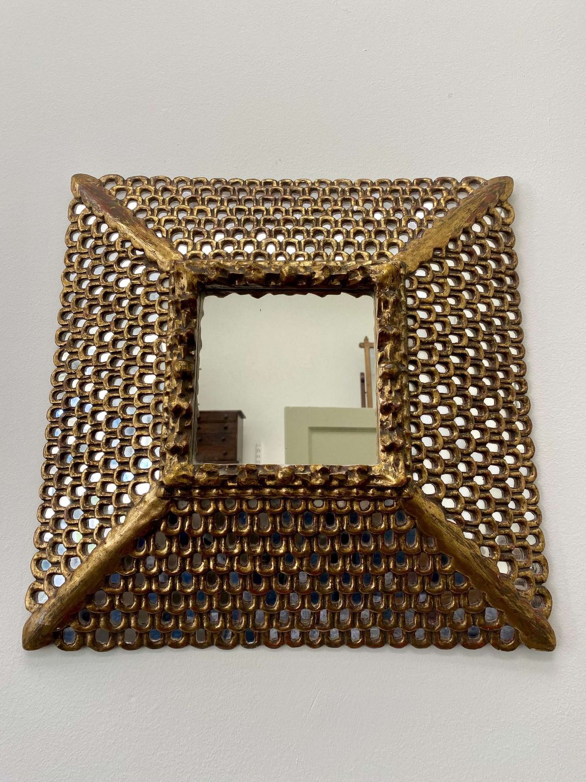 photo furniture Spanish Colonial Gilt Carved Wood Mirror With Mosaic Mirror Inlays
