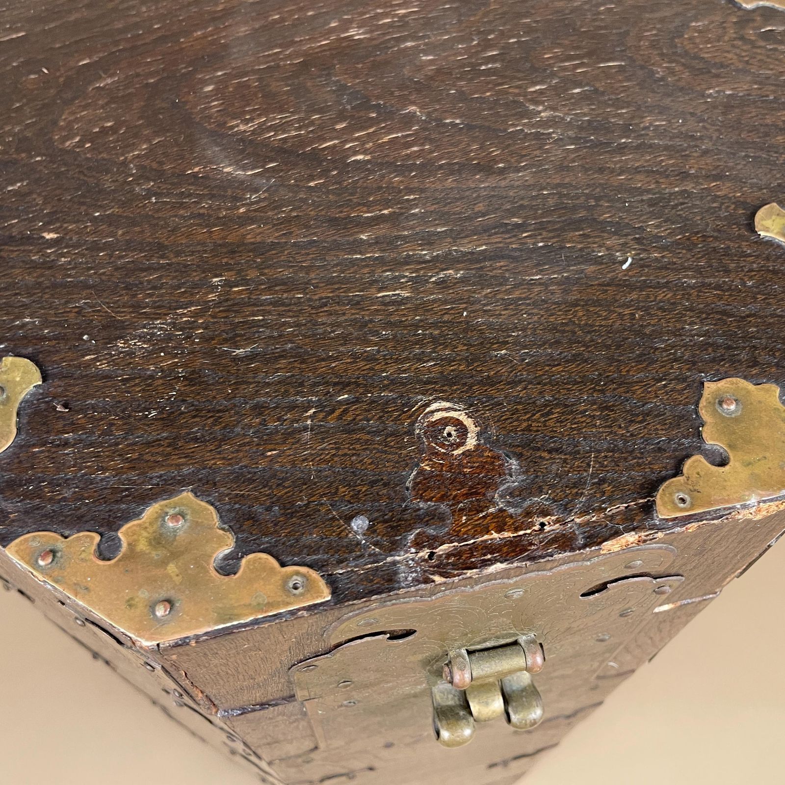 Antique Korean Octagonal Wood Cabinet Chest Brass Mounts Metal Lock Chest Mid Century Hangul Lined End Table Handcrafted Oriental photo Furniture