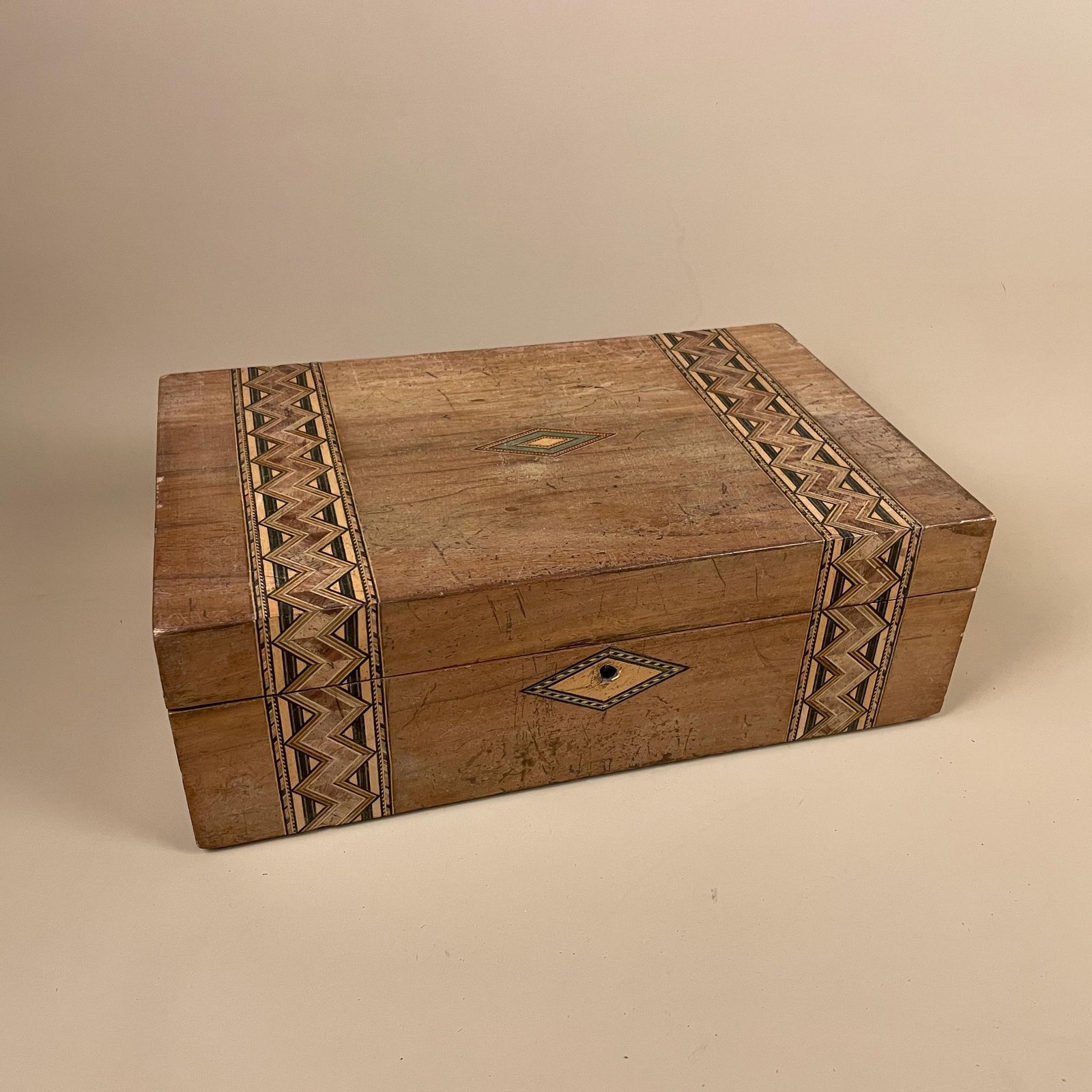 Antique Inlaid Marquetry Box Wooden Writing Box Anglo Indian Desk Jewellery Trinket Storage Chest Handcrafted Intricate Blue Velvet Lining