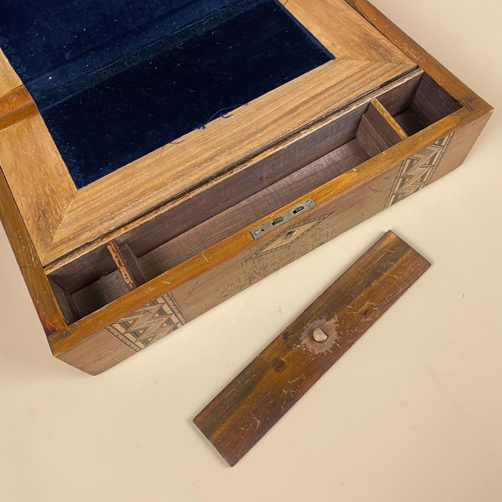 photo for sale Antique Inlaid Marquetry Box Wooden Writing Box Anglo Indian Desk Jewellery Trinket Storage Chest Handcrafted Intricate Blue Velvet Lining