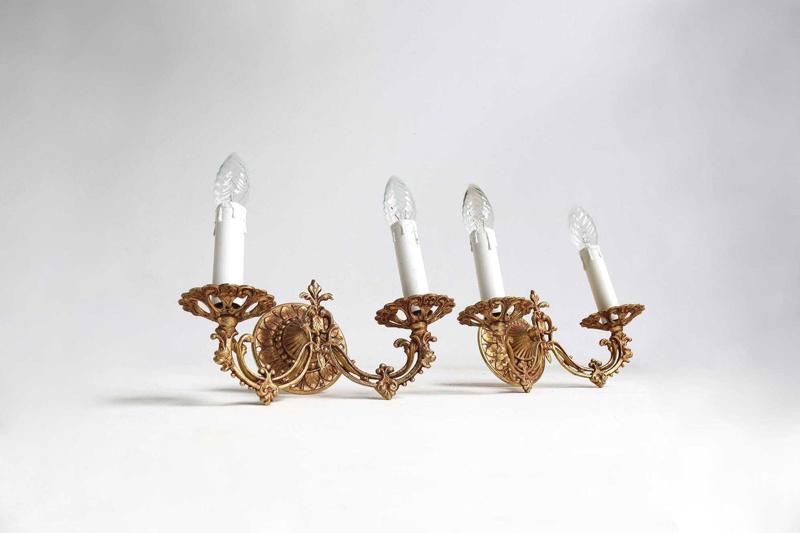 Pair Of Gilt Metal Wall Sconces – French Vintage Style, Floral Motifs, 1960s