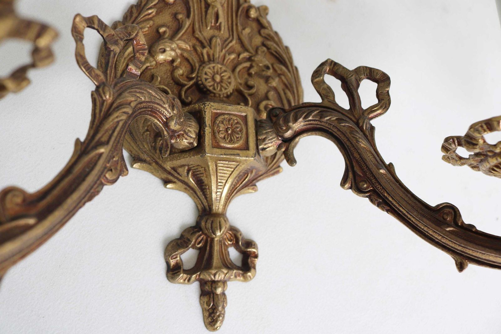 Vintage Pair Of French Brass Wall Sconces With Ribbon And Floral Design, 1960s photo for sale