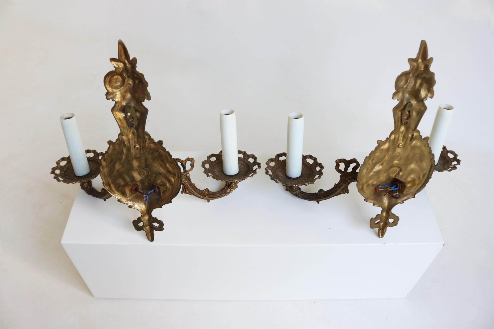 photo for sale Vintage Pair Of French Brass Wall Sconces With Ribbon And Floral Design, 1960s