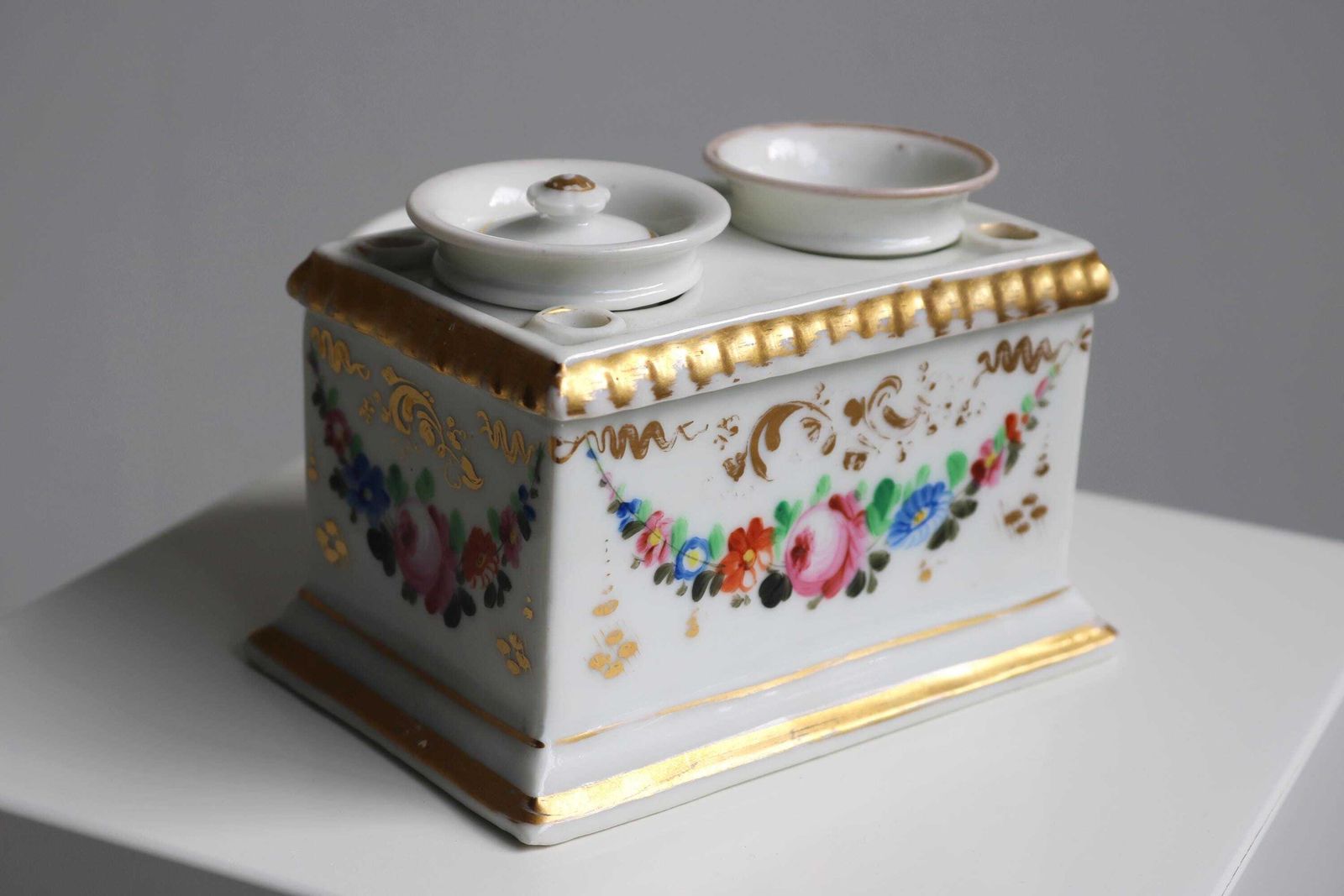Antique French Porcelaine De Paris Inkwell | Hand Painted Old Paris Inkstand Ca. 1880 photo vintage