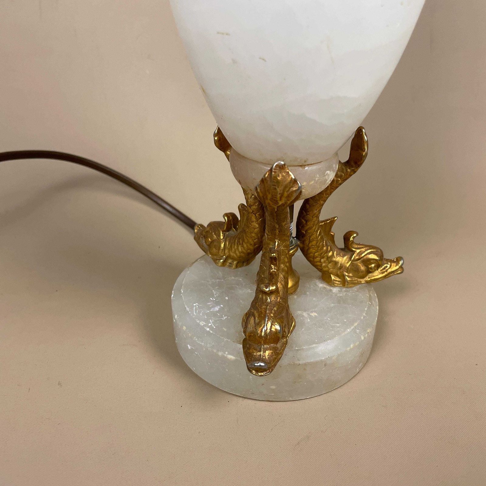 Antique Onyx Marble Lamp Light Brass Metal Gold Fish Ornate Vintage Round Base Feet Marbled Off White Natural Classic Koi Carp Oriental photo furniture