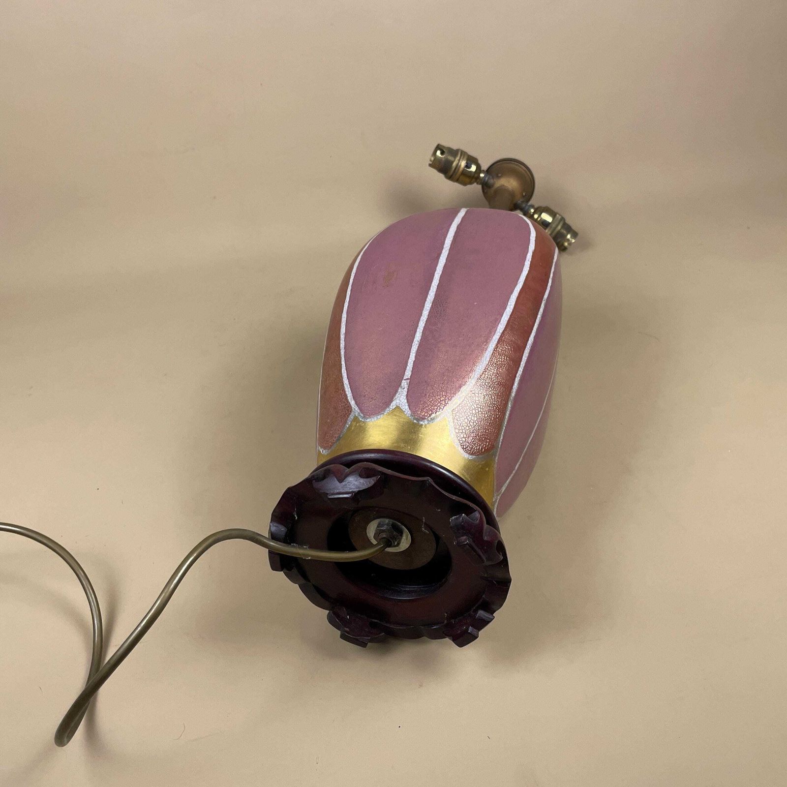 Vintage Ceramic Lamp Light Bedside Table Side Antique Vase Cottage Pattern Patterned Pink Gold Brass Metal Gold 2 Bulbs Wood Base Oriental photo buy