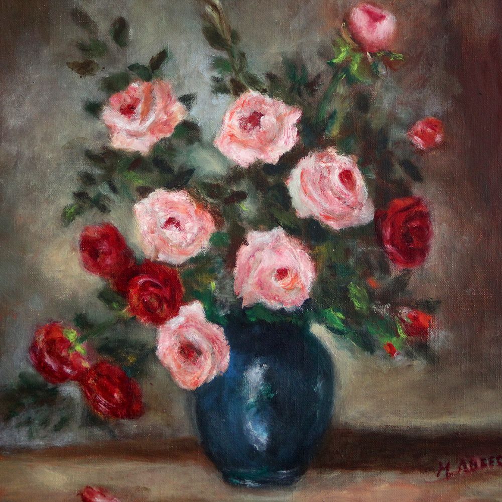 Vintage French Original Oil Painting Of Flowers Roses In Vase Still Life Signed photo furniture