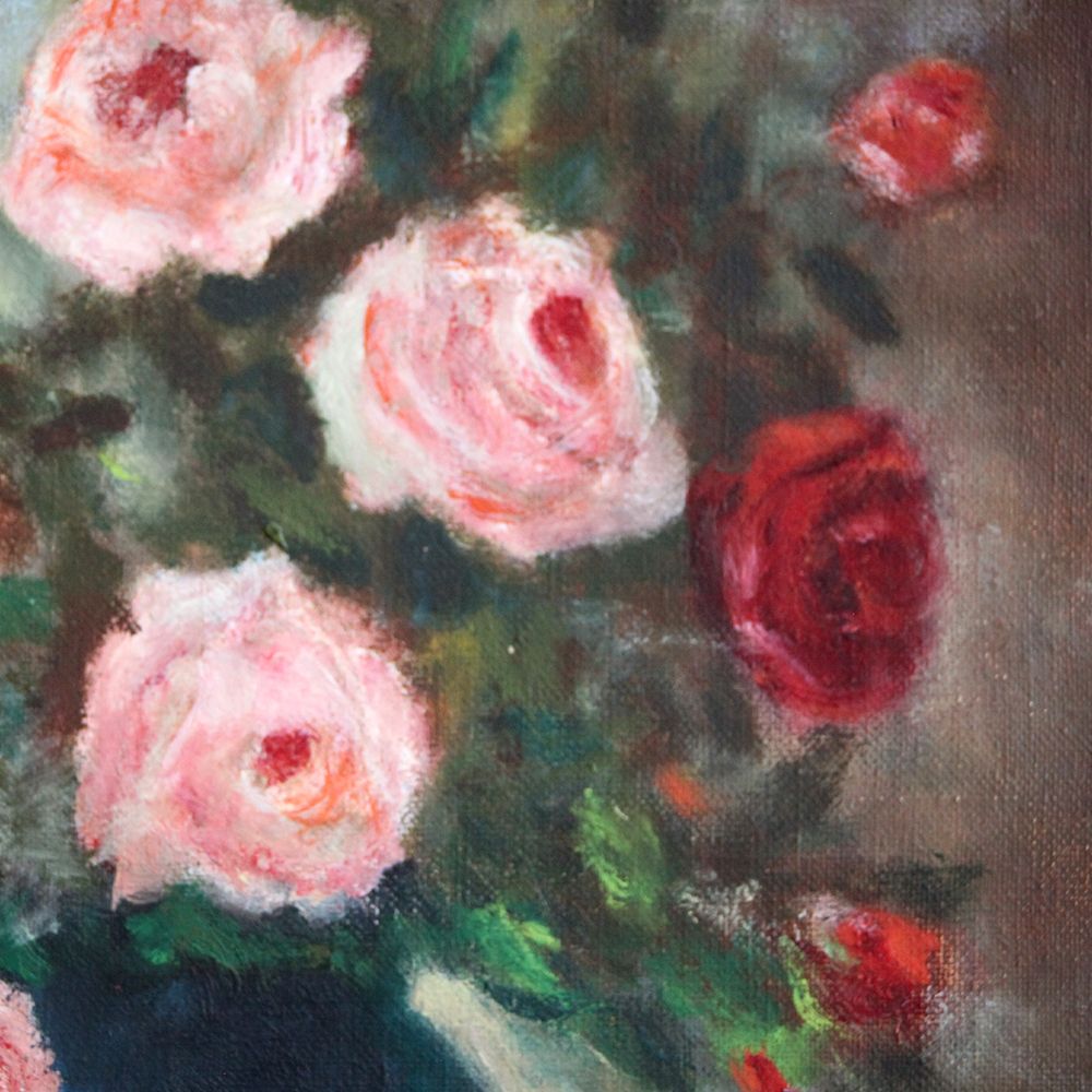 Vintage French Original Oil Painting Of Flowers Roses In Vase Still Life Signed photo 135.0