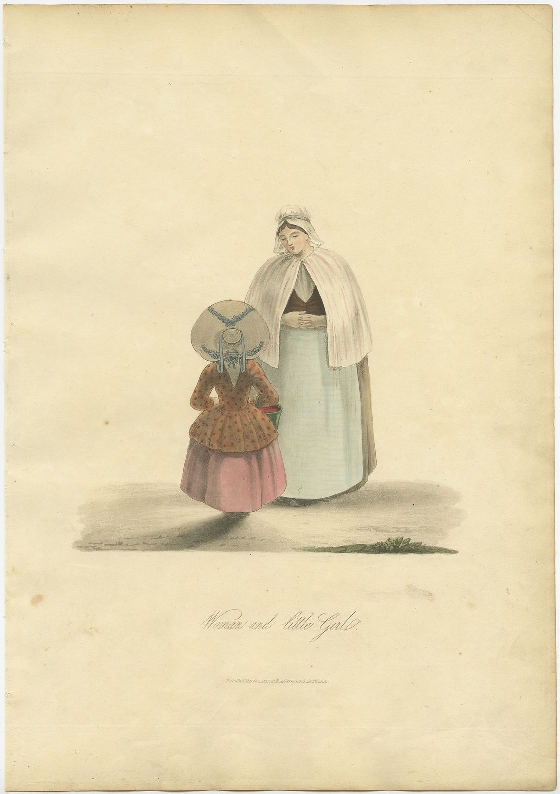 Antique Print Of A Woman And Little Girl By Ackermann (1817)