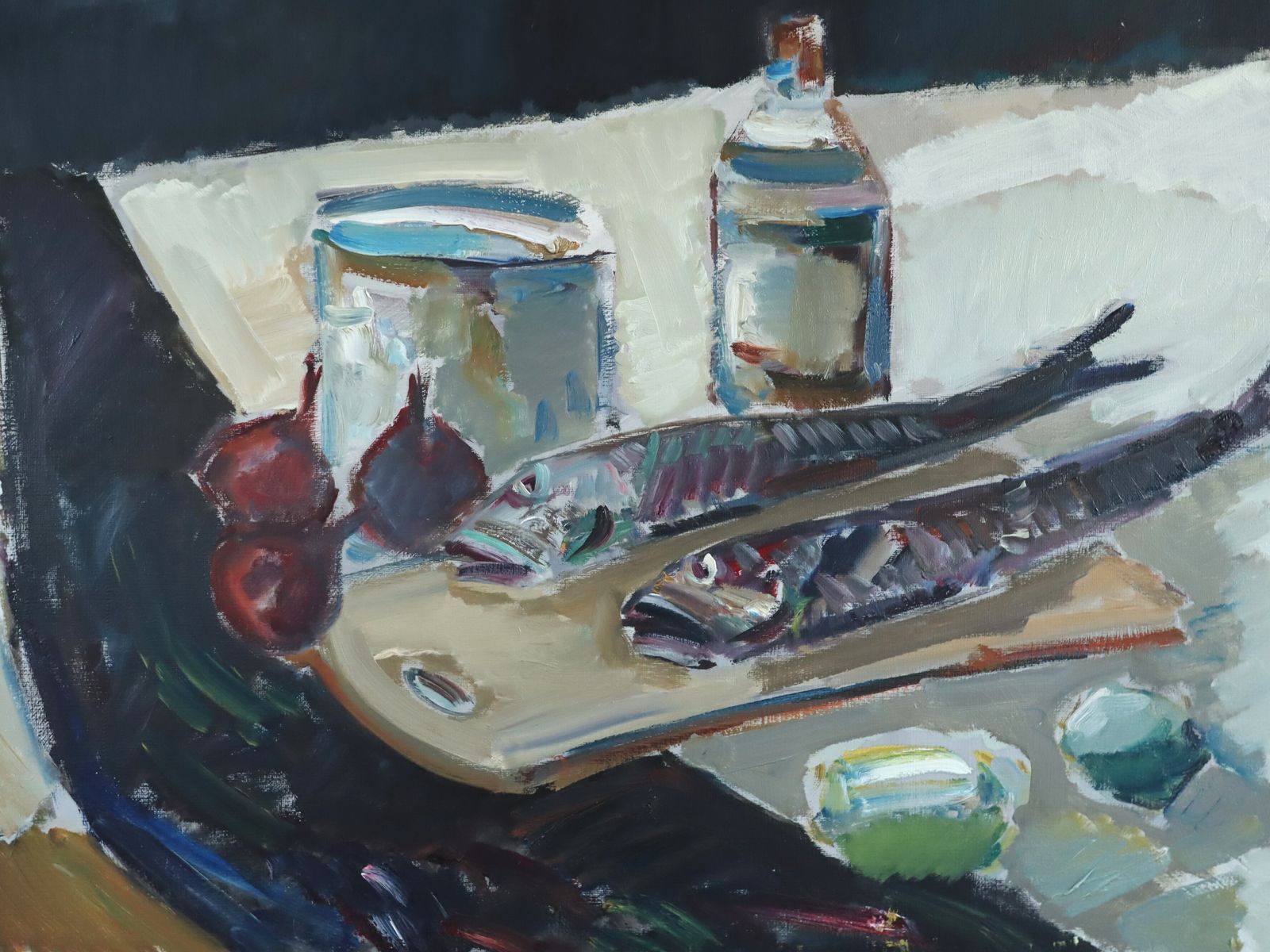 Tabletop Still Life With Fish Oil Painting photo vintage