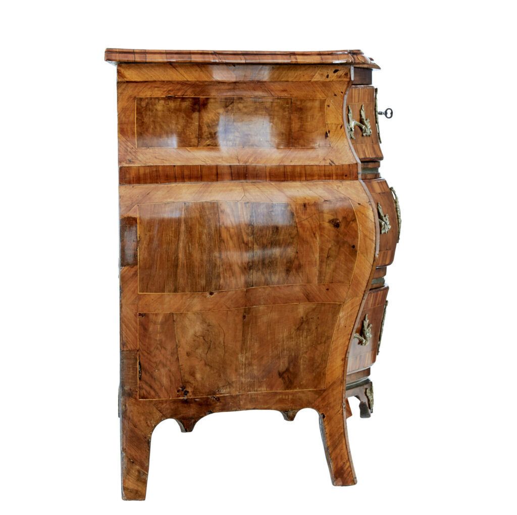 photo for sale Early 19th Century Inlaid Walnut Rococo Bombe Chest Of Drawers