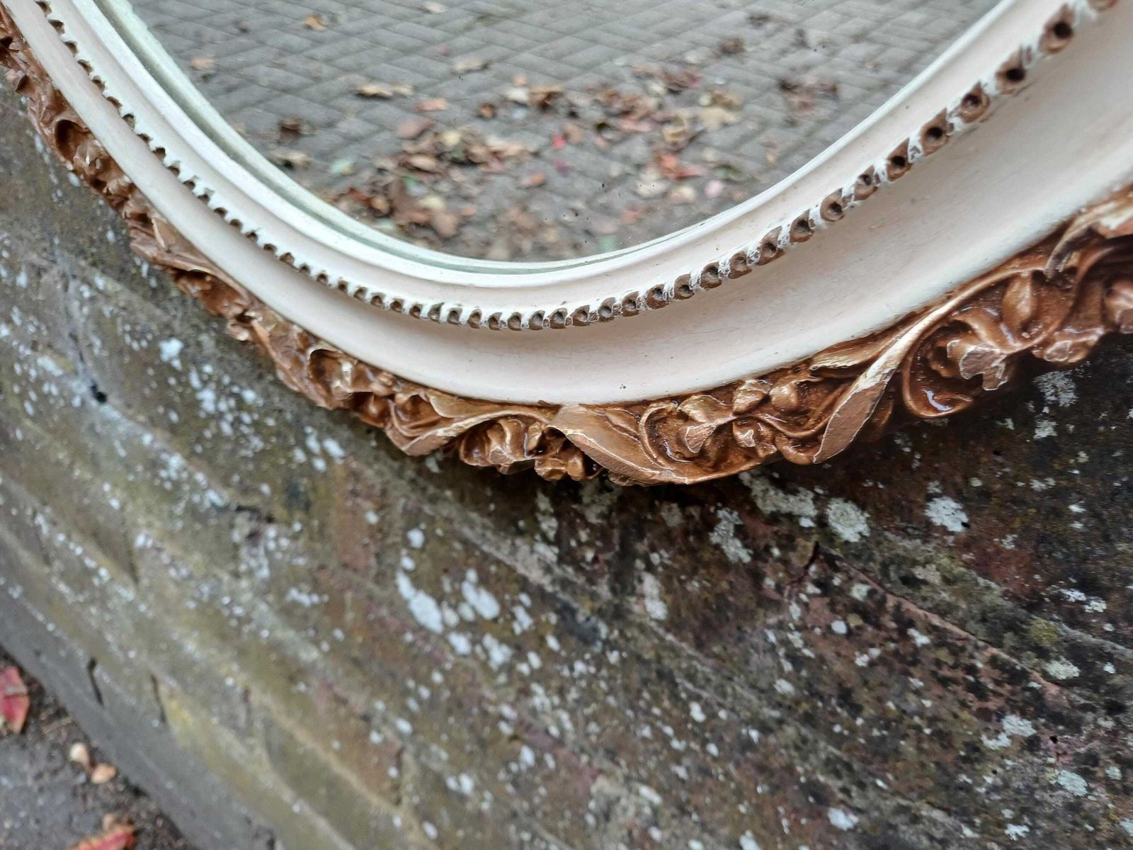 Elegant 1950s Oval Gold And Cream Painted Wall Mirror Bevelled Glass Antique Moulded Ornate Plaster Frame With Original Finish. photo furniture