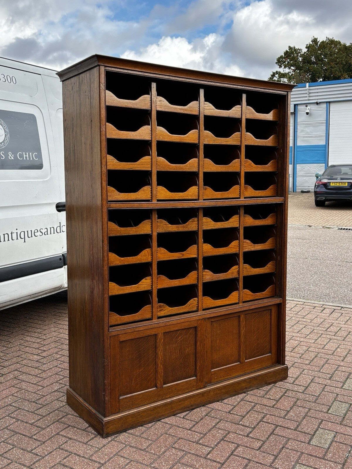 3056.0 Edwardian Oak Haberdashery Cabinet With 32 Pull Out Drawers. Cupboards Below. photo