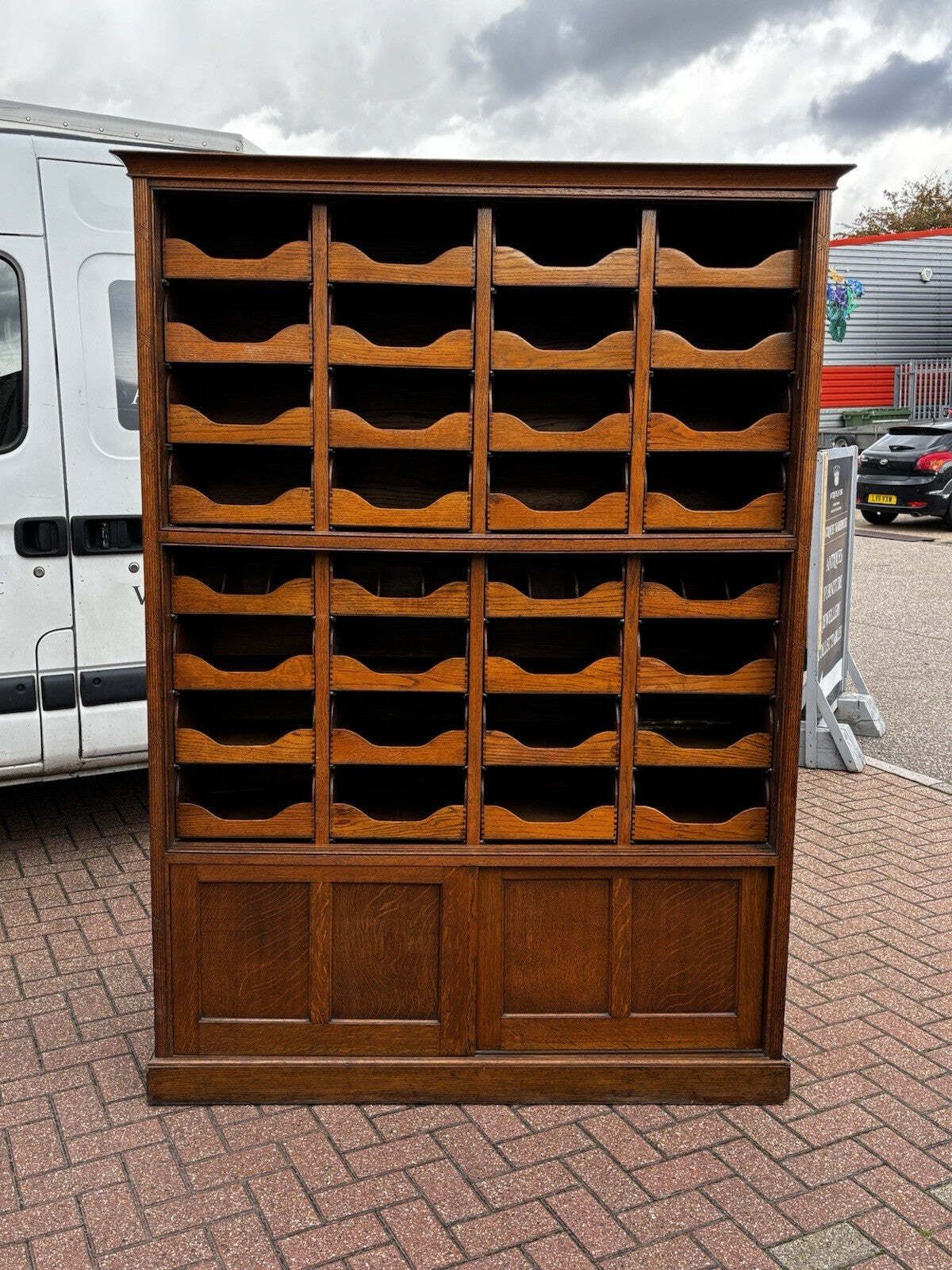 photo buy Edwardian Oak Haberdashery Cabinet With 32 Pull Out Drawers. Cupboards Below.