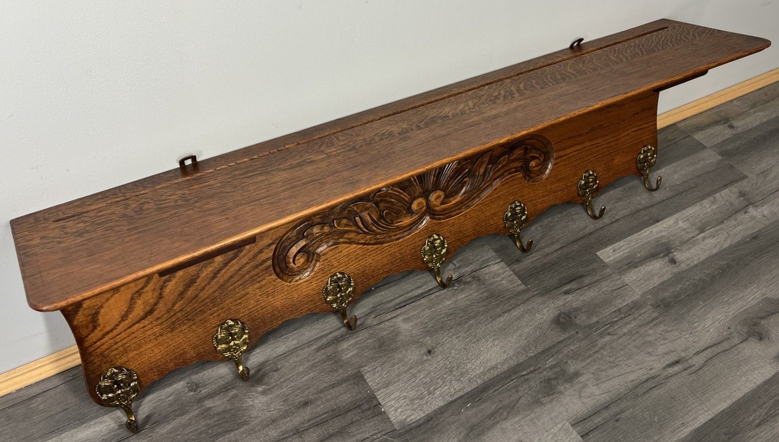 French Vintage Coat Rack Oak 7 Hooks Ornate Wall Shelf Carved Coat Lot 4216 photo vintage