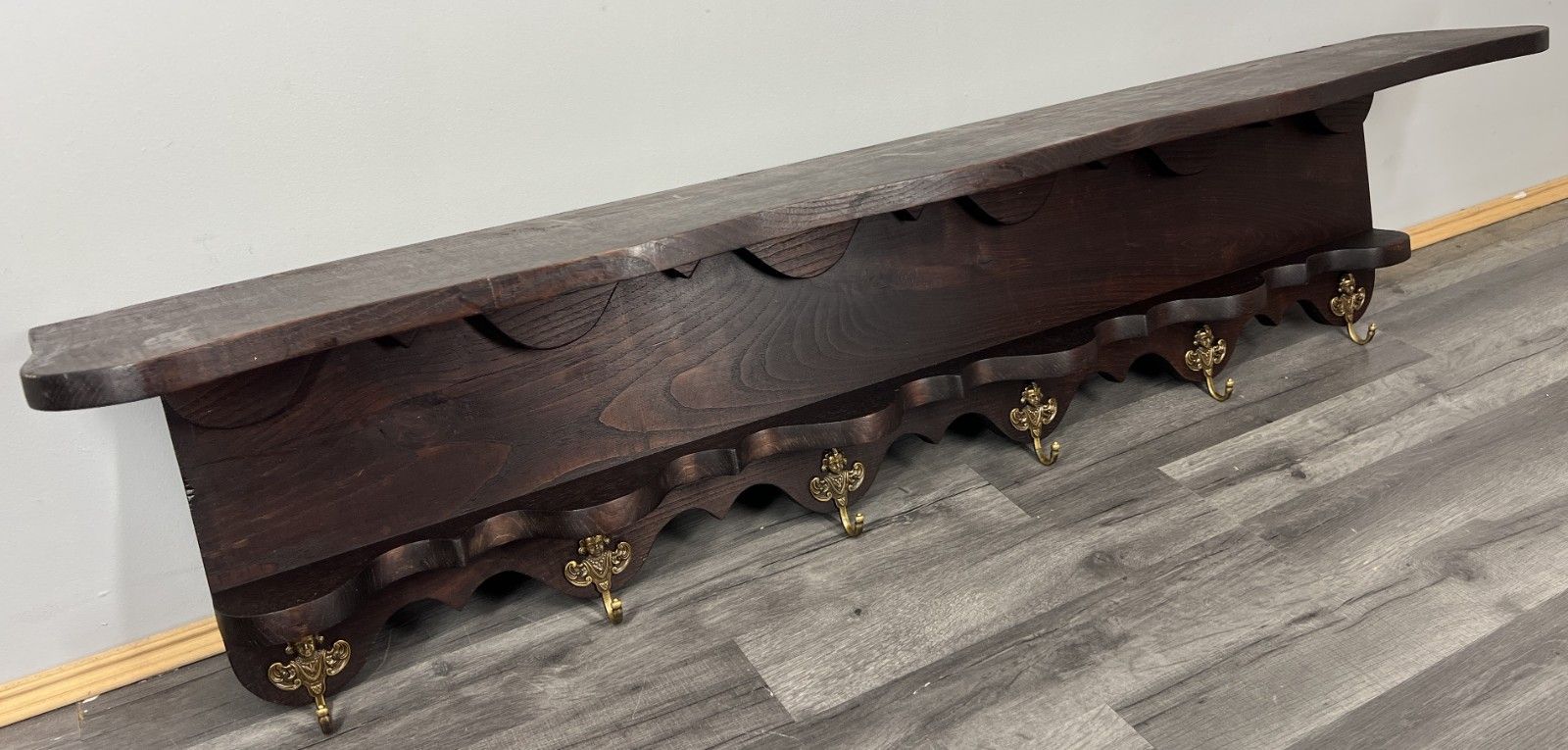 French Vintage Coat Rack Oak 6 Brass Hooks Wall Shelf Coat Hanger Lot 4211 photo buy