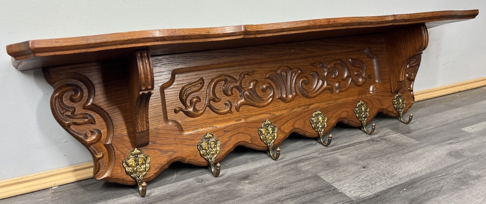 French Vintage Coat Rack Oak 6 Hooks Ornate Wall Shelf Carved Coat Lot 4220 photo furniture