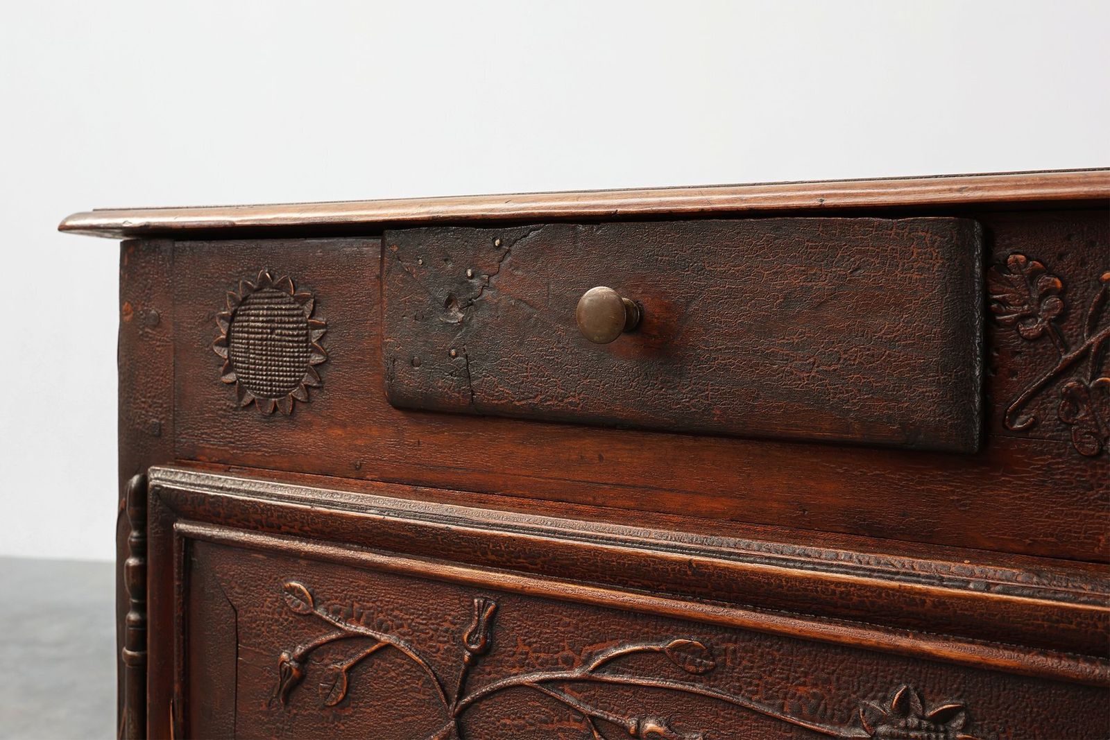 French Provincial Carved Cabinet With Great Patina, 1841 photo for sale