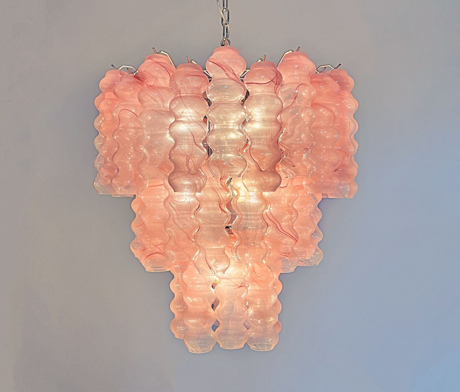 Large Three Tier Murano Glass Tube Chandelier   Pink Albaster photo vinterior