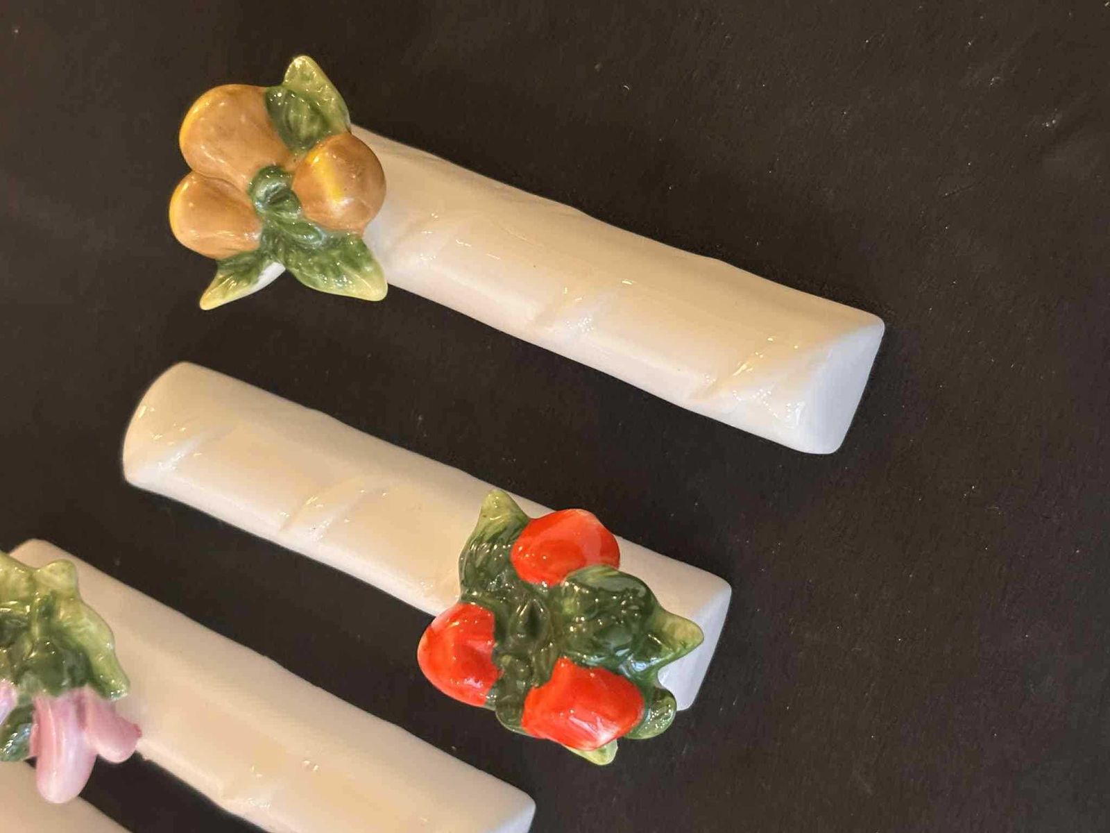 Ceramic Majolica Knife Rests Set: Ceramic Vegetable Fruits Cutlery Holder, France Vintage photo 136.0