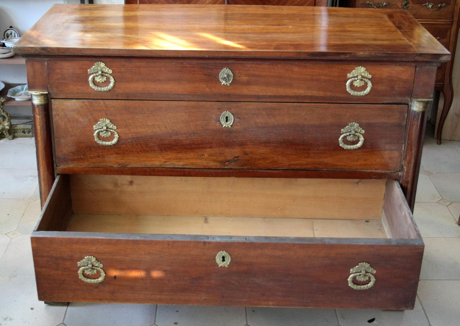 photo for sale Empire Chest Of Drawers In Walnut With Bronze Details, 19th Century, Italy