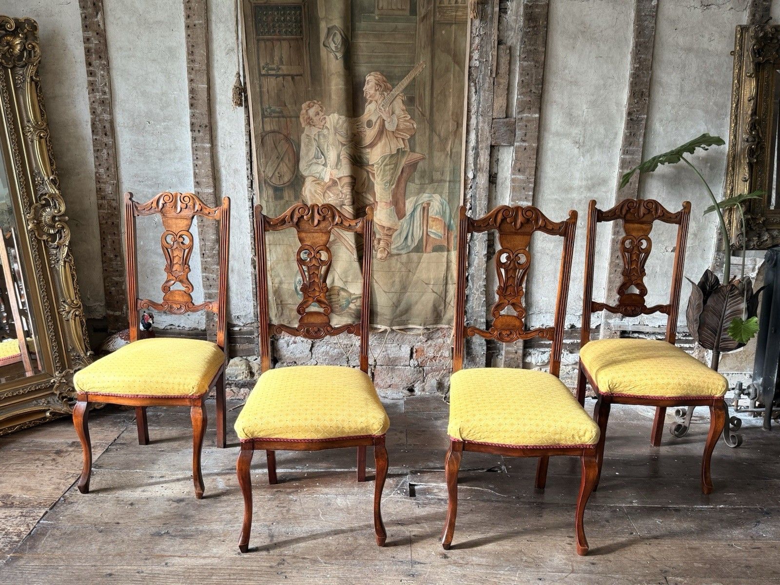 Original Antique Carved Mahogany Dining Side Hall Chairs Sunflower C 1890 X 4