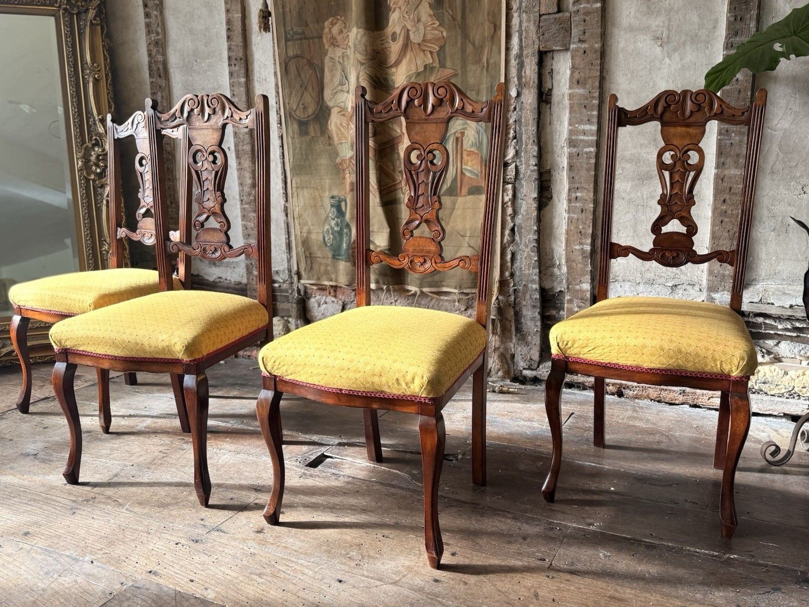 Original Antique Carved Mahogany Dining Side Hall Chairs Sunflower C 1890 X 4 photo furniture
