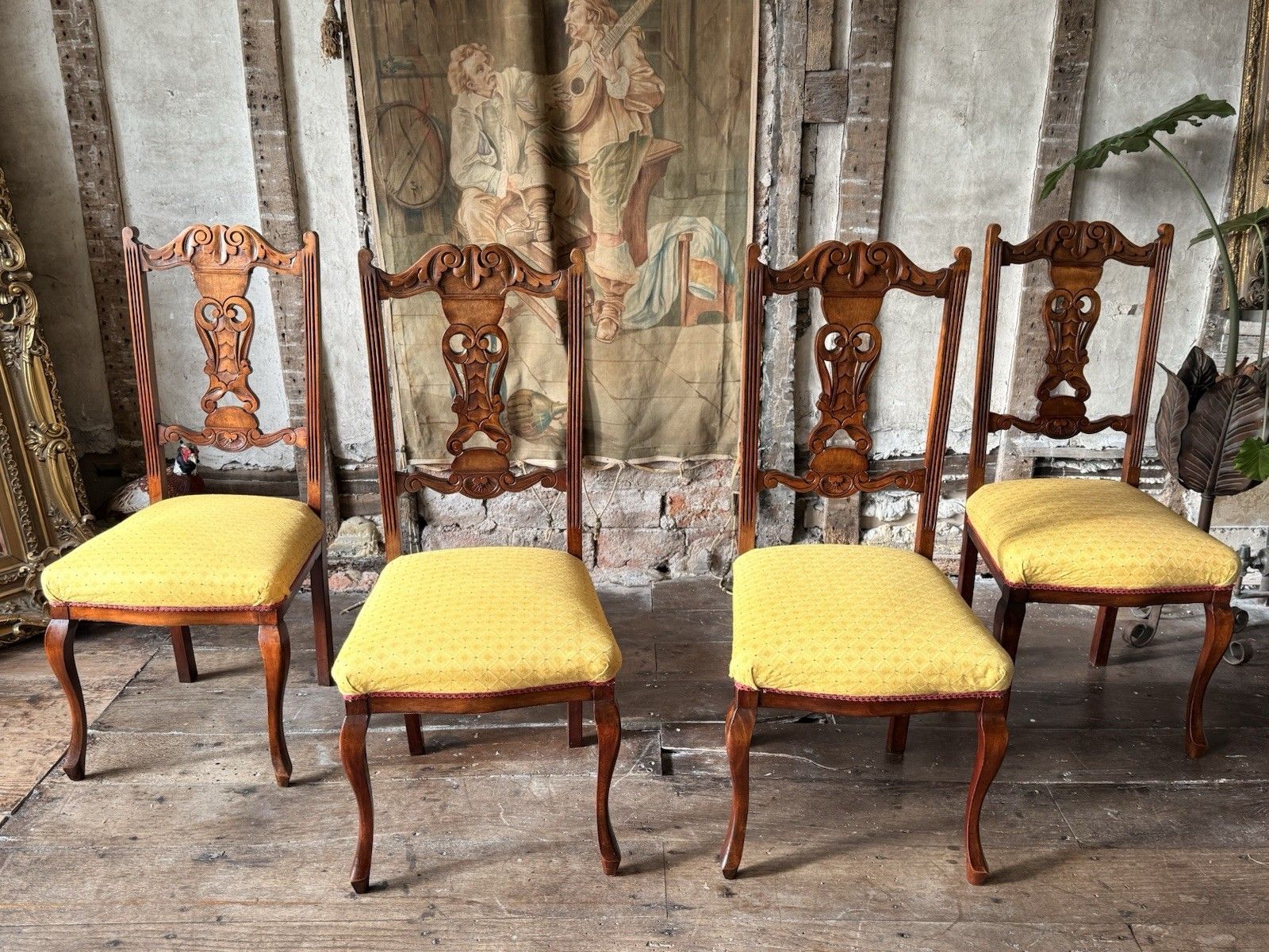 Original Antique Carved Mahogany Dining Side Hall Chairs Sunflower C 1890 X 4 photo Furniture