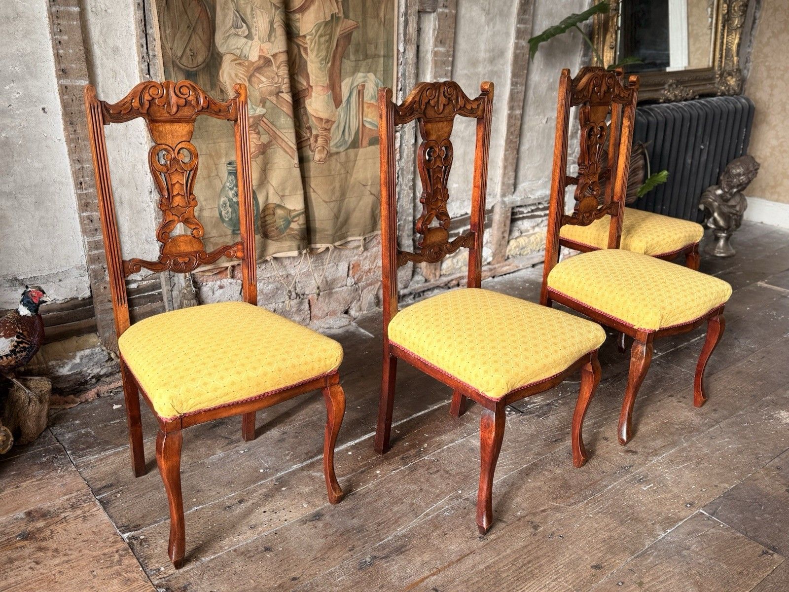 Original Antique Carved Mahogany Dining Side Hall Chairs Sunflower C 1890 X 4 photo vinterior