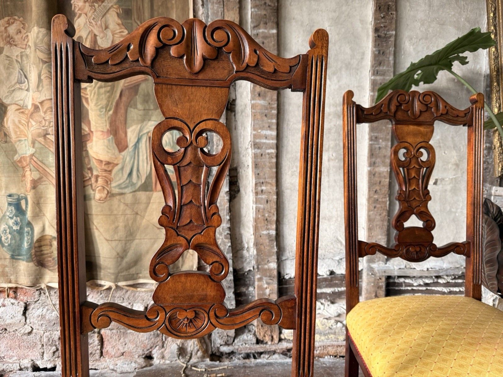 Furniture Original Antique Carved Mahogany Dining Side Hall Chairs Sunflower C 1890 X 4 photo