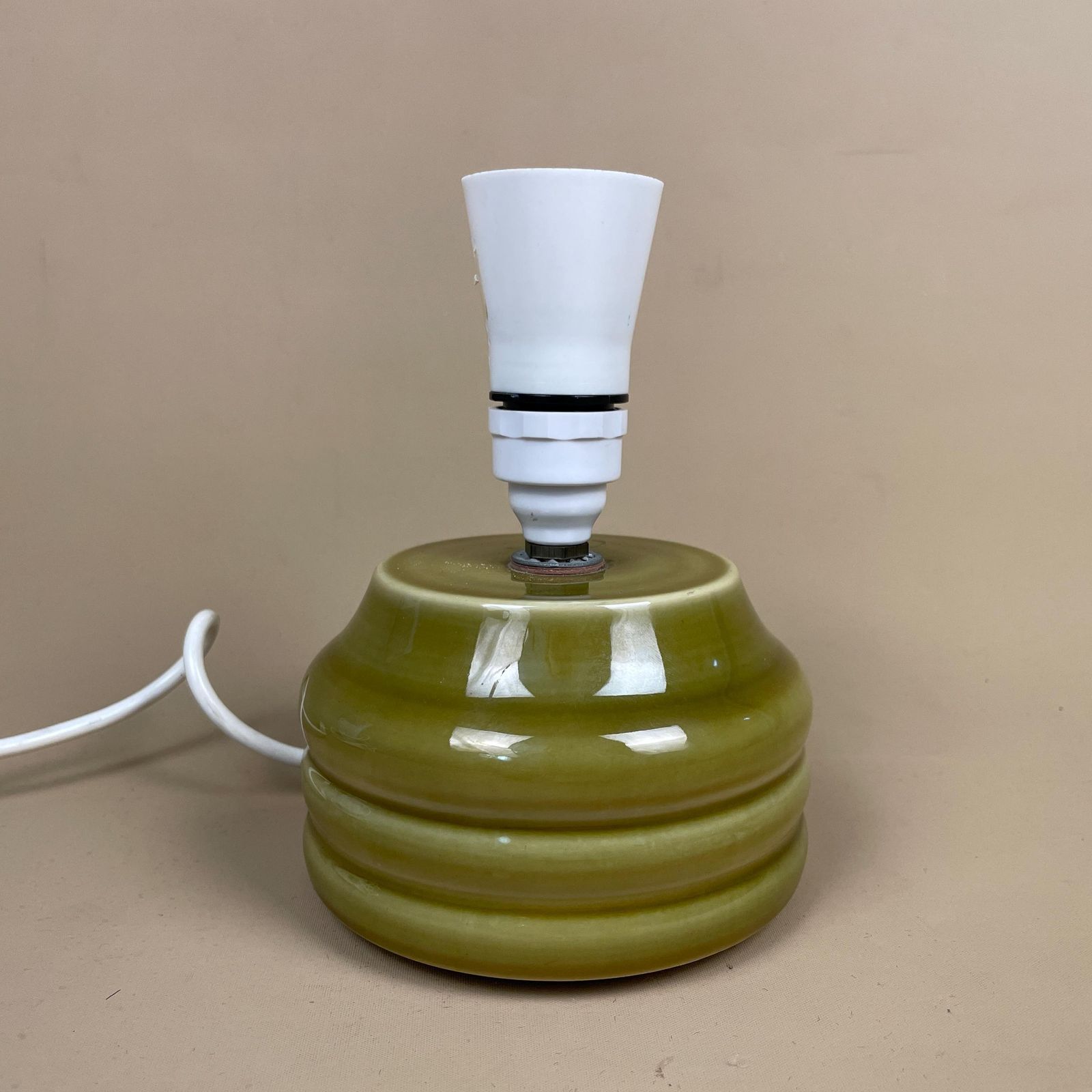 Vintage Ceramic Striped Patterned Olive Green Studio Pottery Lamp Bedside Table Light Retro Cottage Glaze Antique Handmade Small Heavy