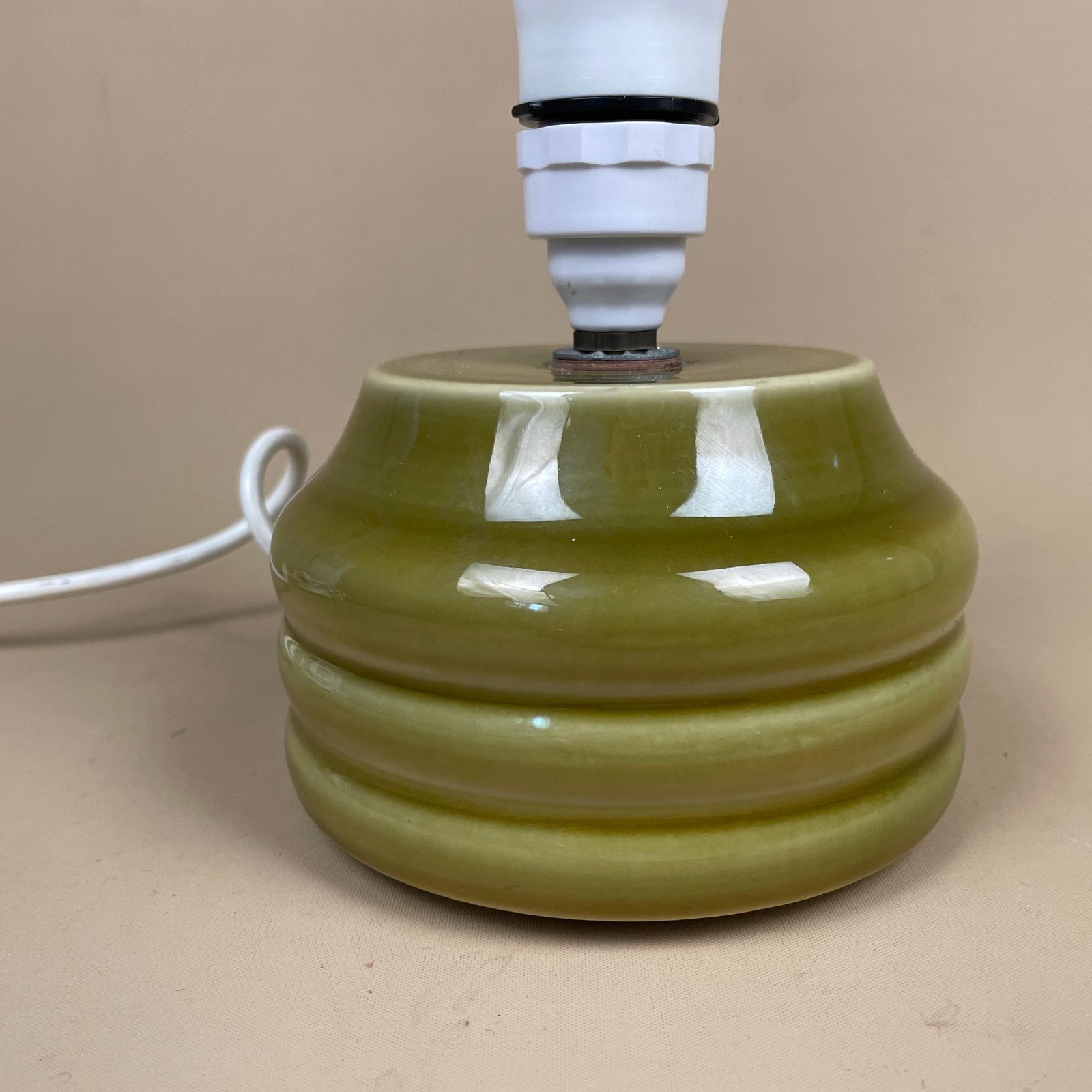 Vintage Ceramic Striped Patterned Olive Green Studio Pottery Lamp Bedside Table Light Retro Cottage Glaze Antique Handmade Small Heavy photo for sale