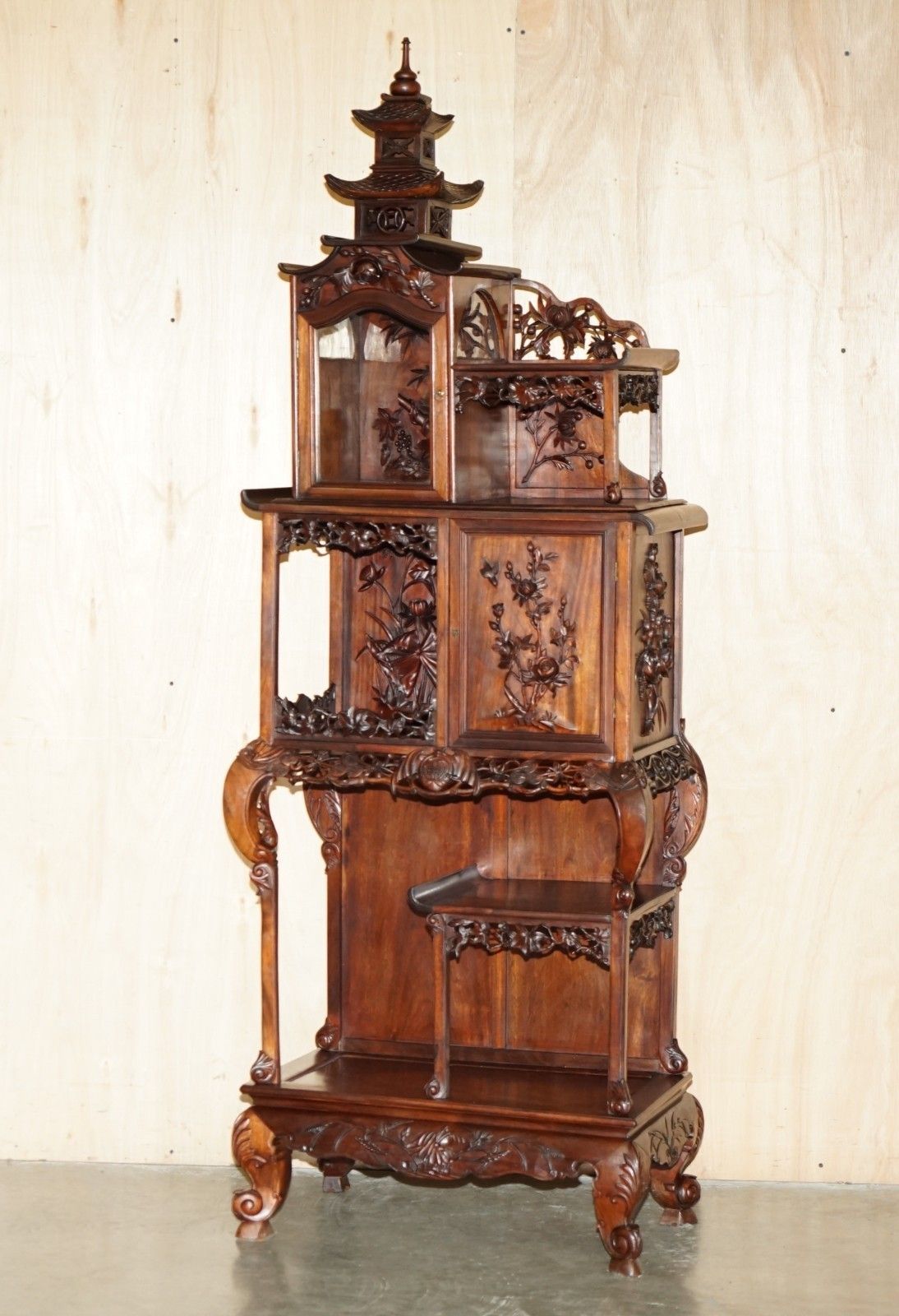 Sublime Antique Chinese Circa 1900 Pagoda Top Display Case Bookcase Cabinet photo furniture