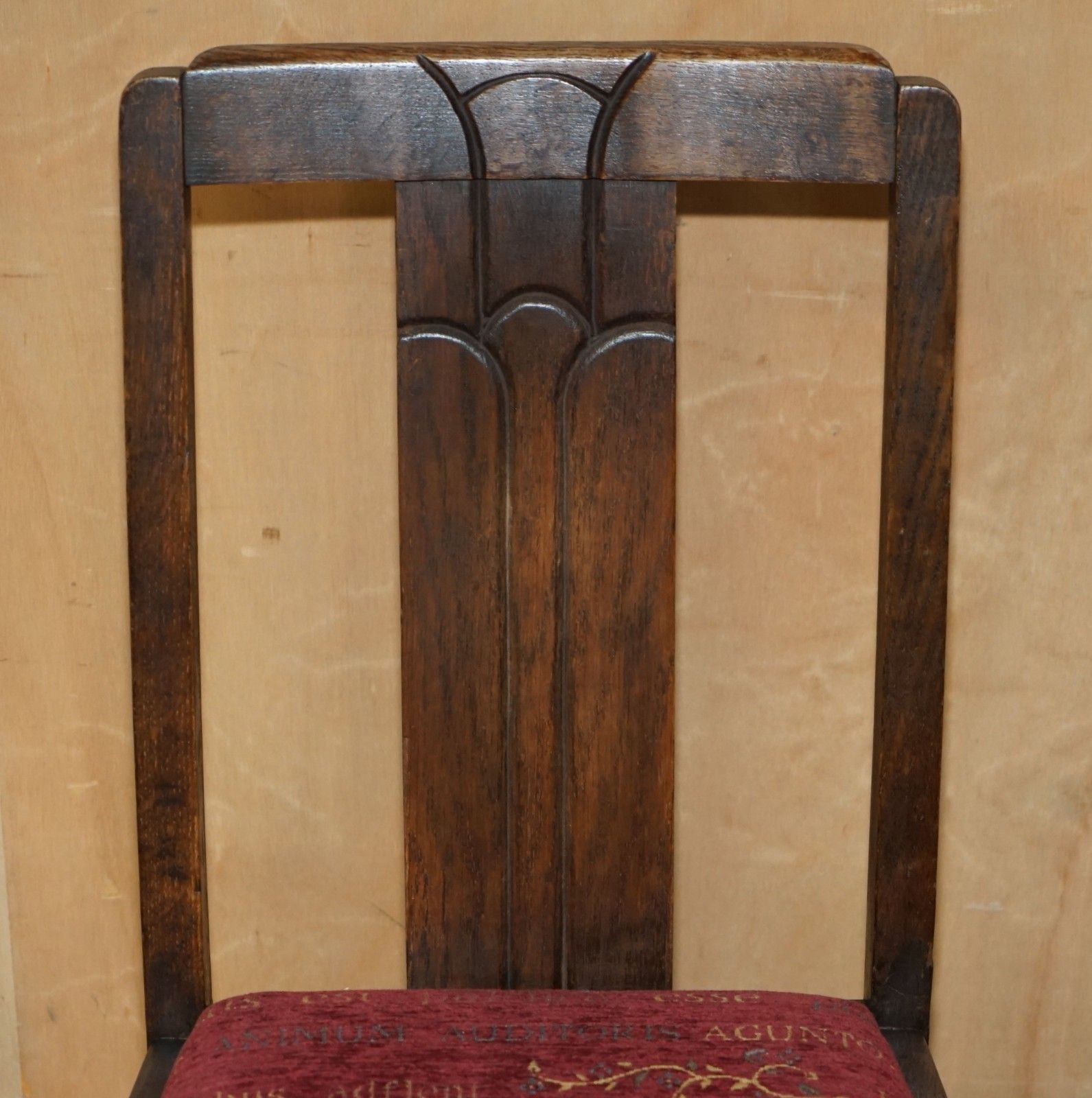 English Oak Art Deco Hall Chair With Latin Inscribed Seat Upholstery photo Furniture