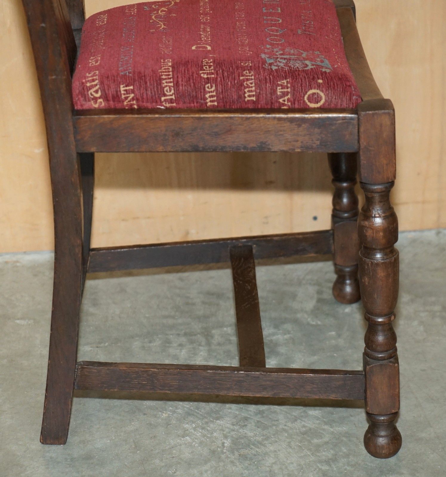 photo for sale English Oak Art Deco Hall Chair With Latin Inscribed Seat Upholstery
