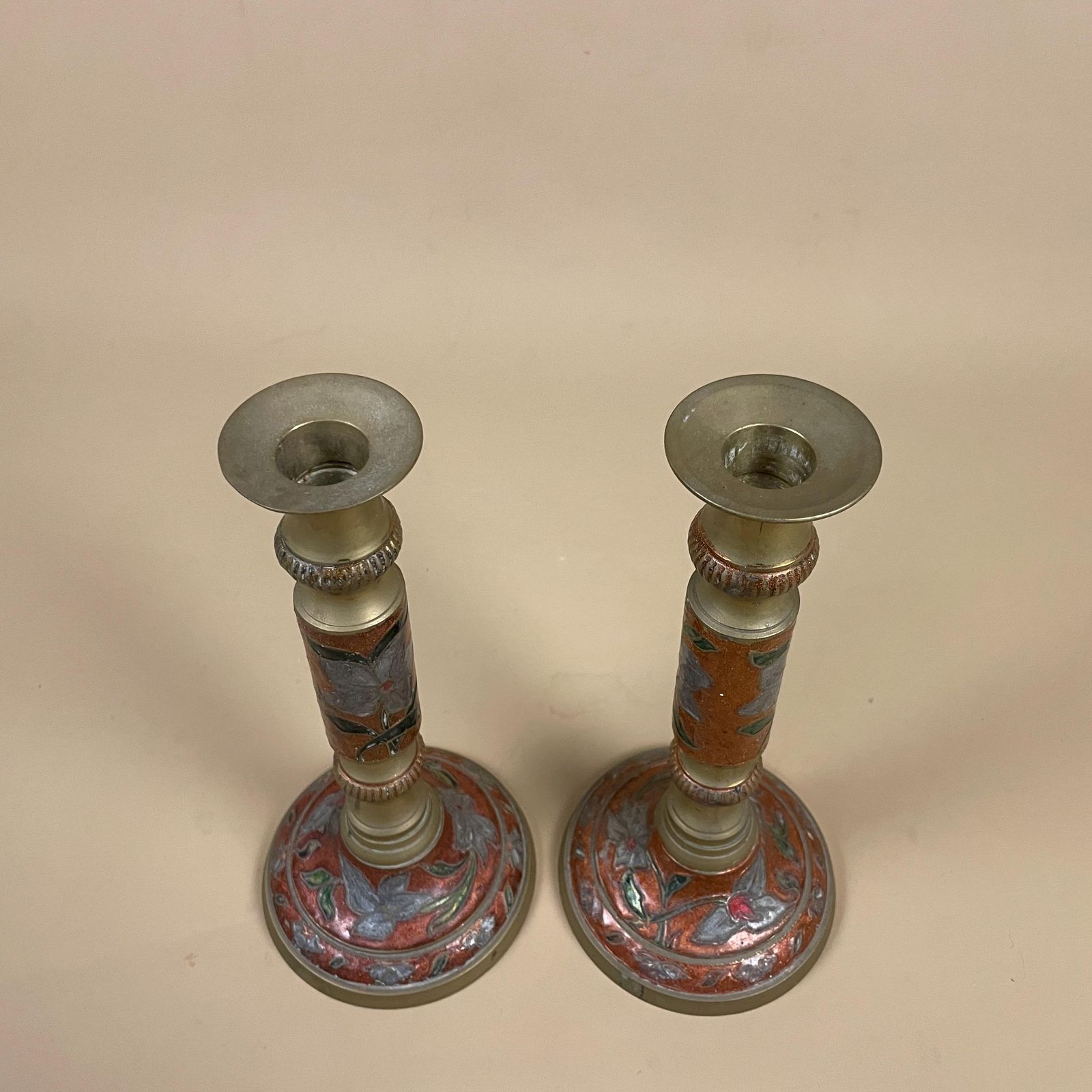 Pair Of 2 Antique Gold Solid Brass Metal Candlestick Candle Stick Vintage Dinner Candlesticks Ornate Pattern Red Enamel Floral Pattern Set photo Home Decor