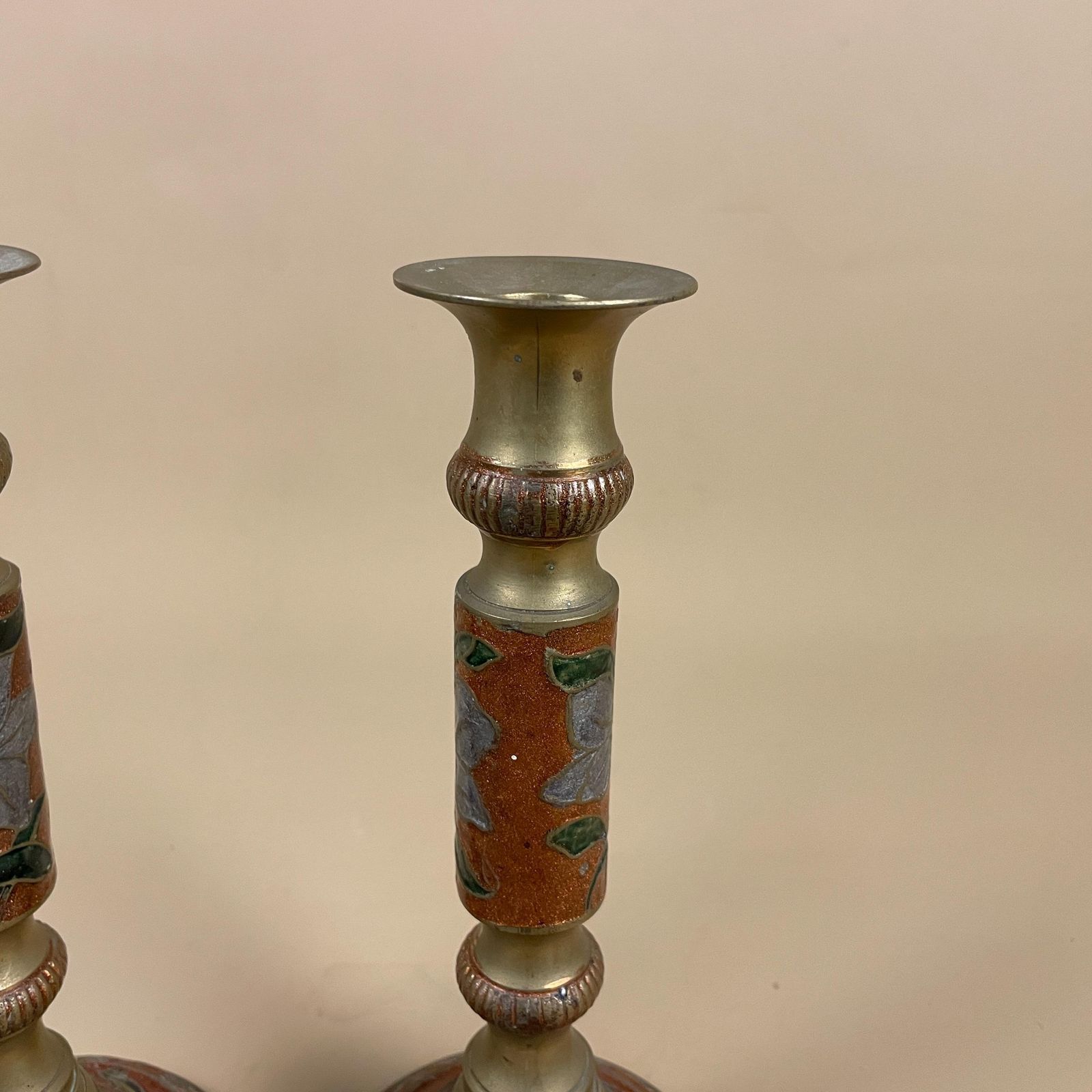 Pair Of 2 Antique Gold Solid Brass Metal Candlestick Candle Stick Vintage Dinner Candlesticks Ornate Pattern Red Enamel Floral Pattern Set photo vinterior
