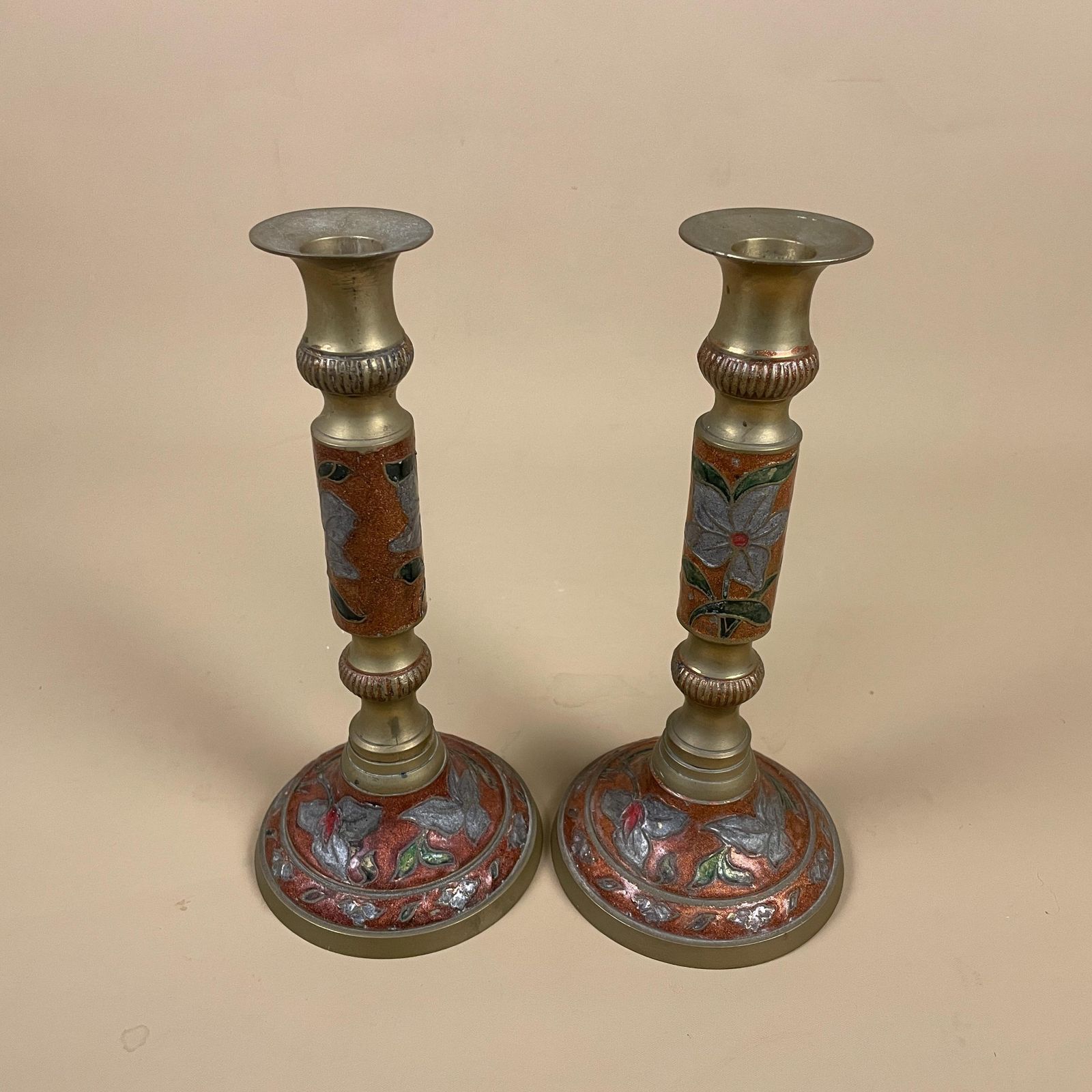 Pair Of 2 Antique Gold Solid Brass Metal Candlestick Candle Stick Vintage Dinner Candlesticks Ornate Pattern Red Enamel Floral Pattern Set photo vintage